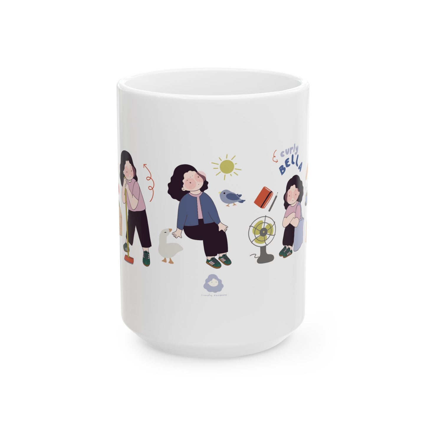 White mug with illustrations of people and objects on a white background