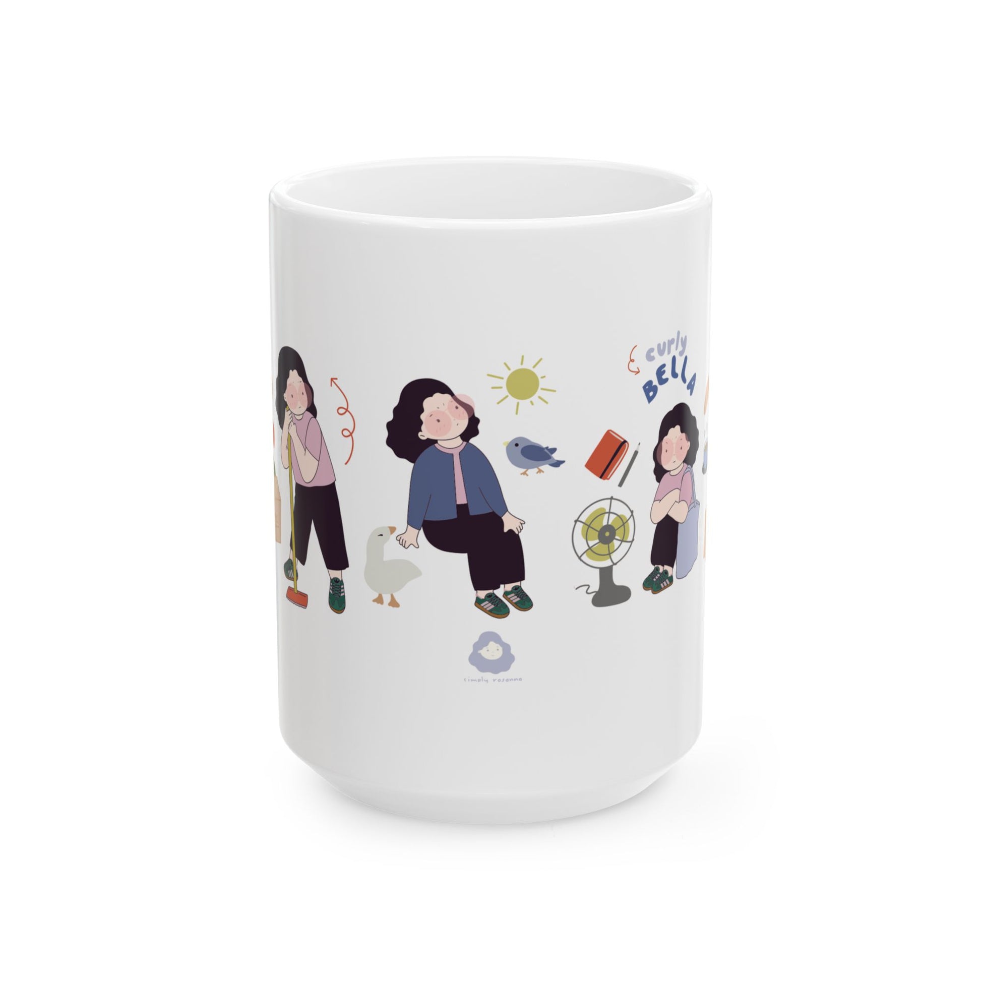 White mug with illustrations of people and objects on a white background