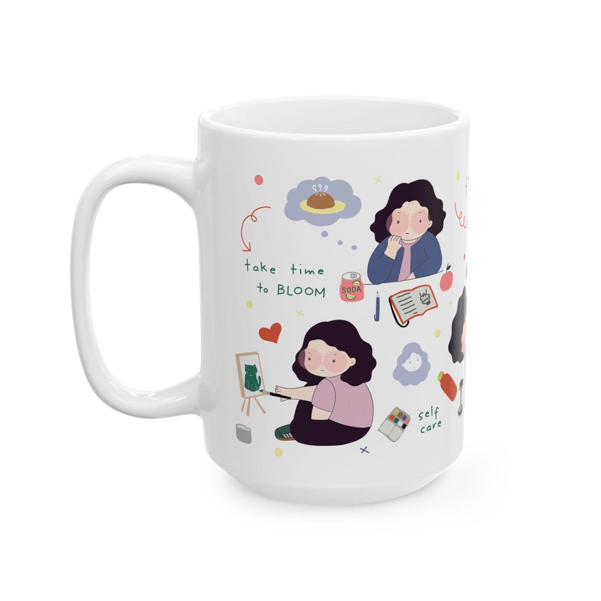 White mug with illustrated design of a woman and various activities on a white background