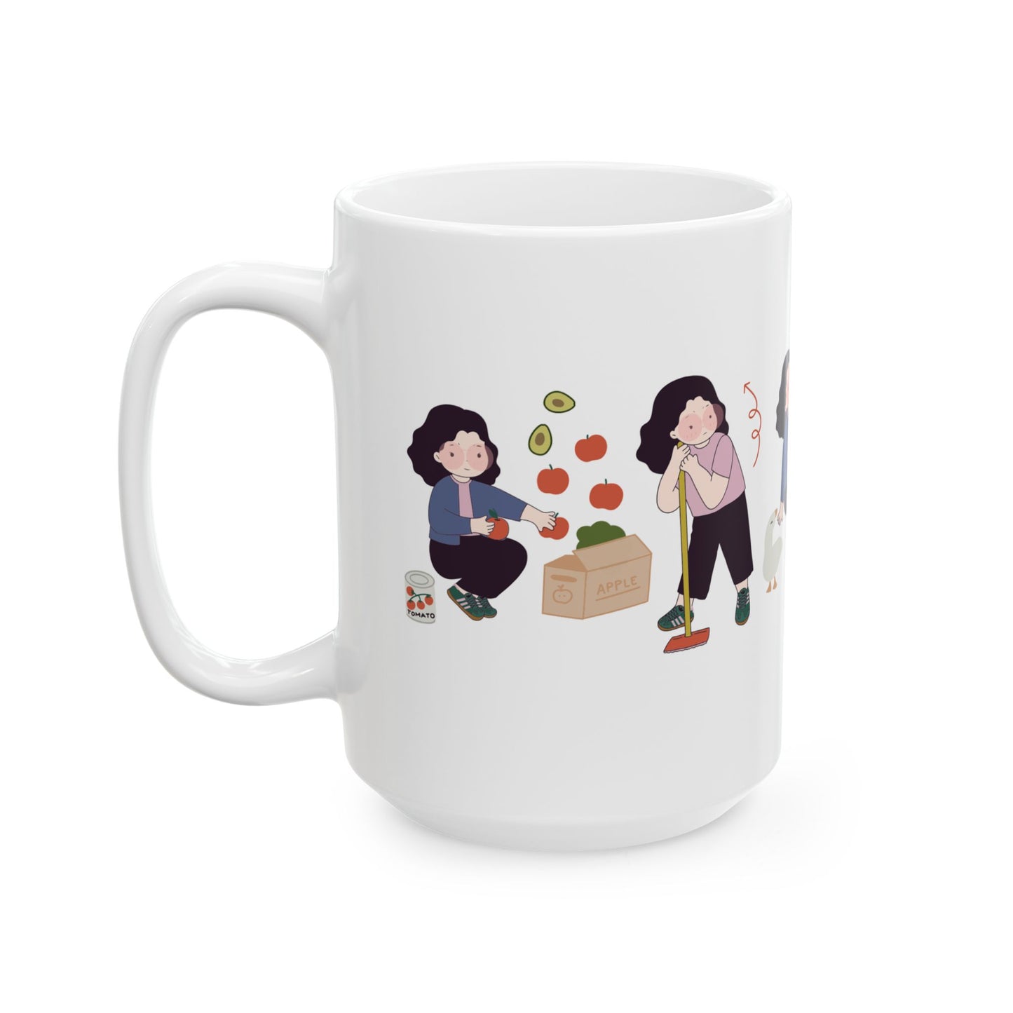 White mug with illustrations of two people and vegetables on a white background
