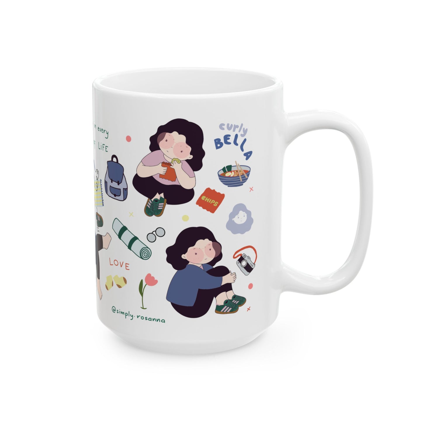 White mug with illustrations and text on a white background