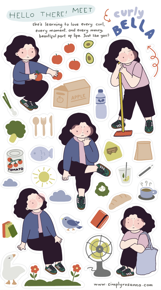 Illustrations of a character named Curly Bella with various items and activities on a white background.